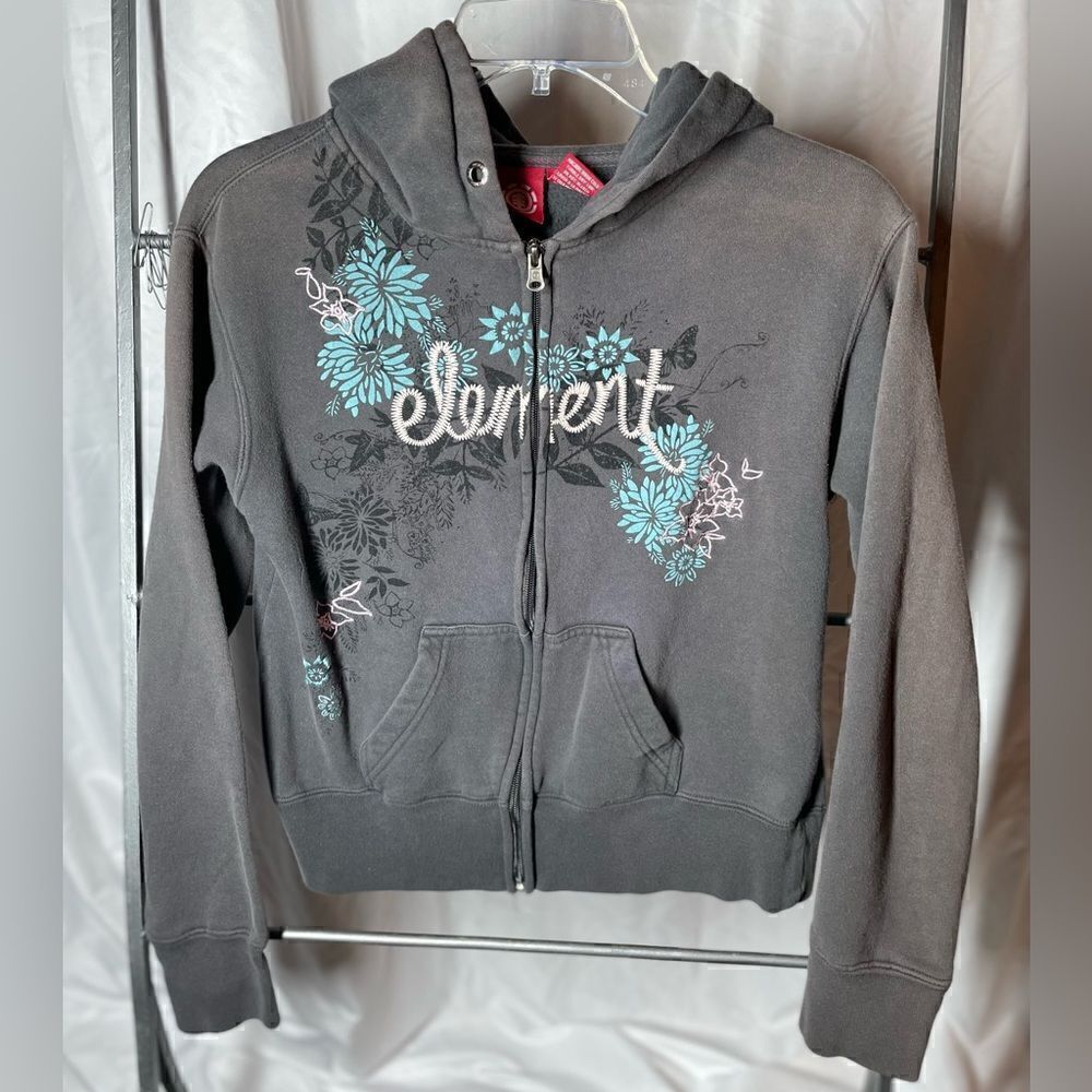 Floral Embroidery Gray Hoodie by Element Sweatshirt Zipper Size Medium EPC